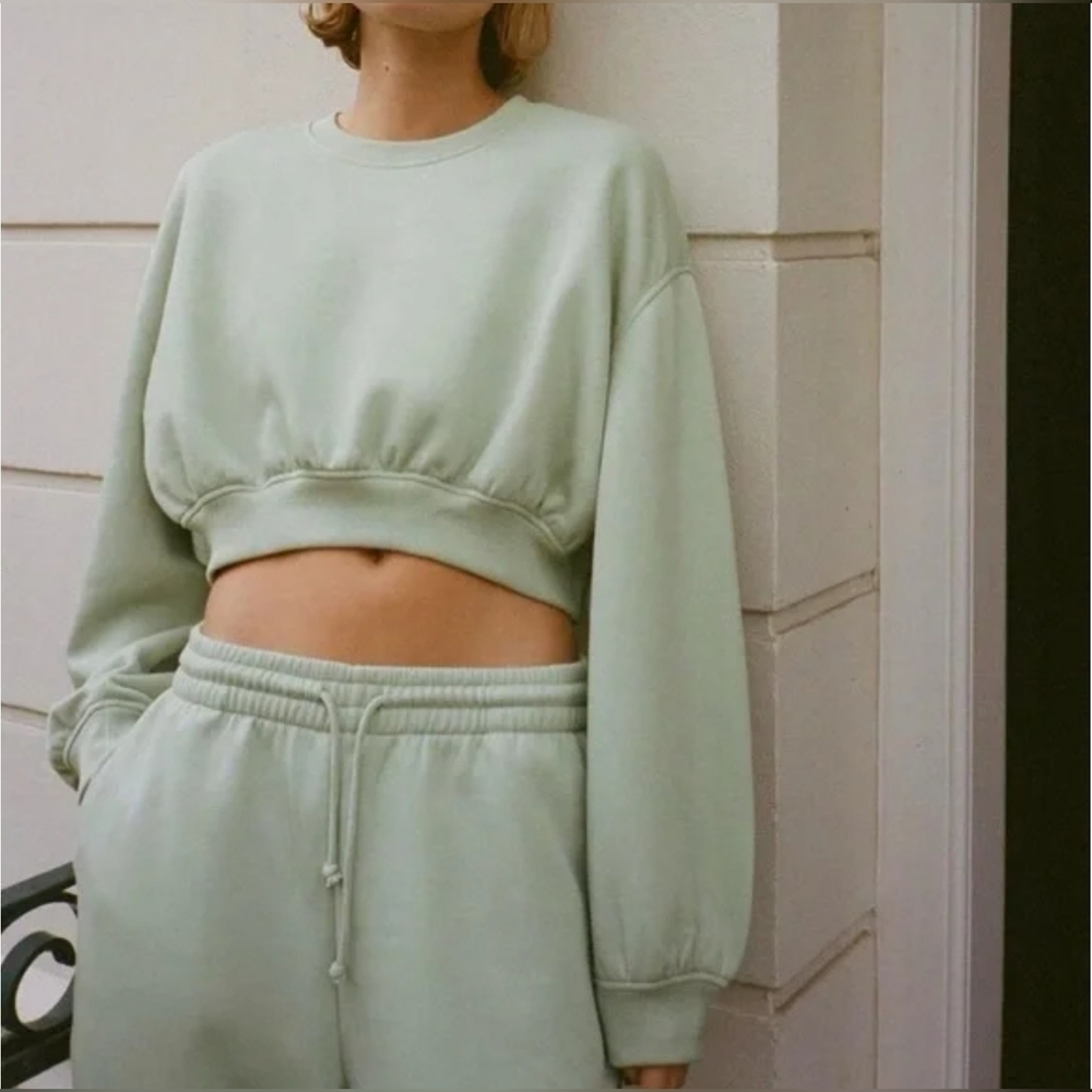 Zara Women's Oversized Long Sleeve Crop Top Sweatshirt, Mint Green, MEDIUM